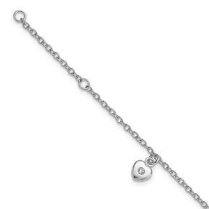 925 Sterling Silver Polished CZ Heart 1in ext. Children's Bracelet, 6.5 Length
